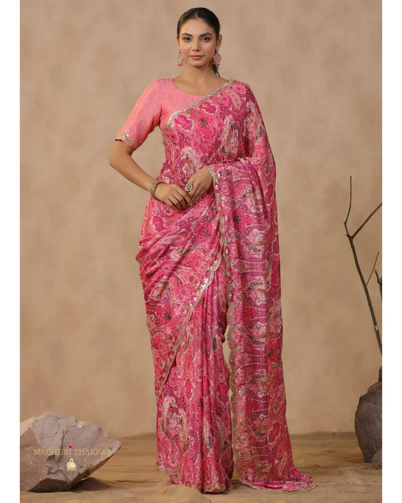 Pink Floral Chinnon Saree With Scallop Mirror Work