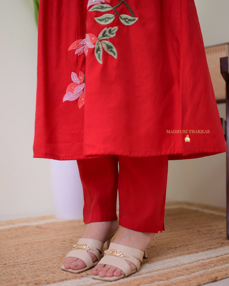 Red A Line Threadwork Roman Silk Kurta Set