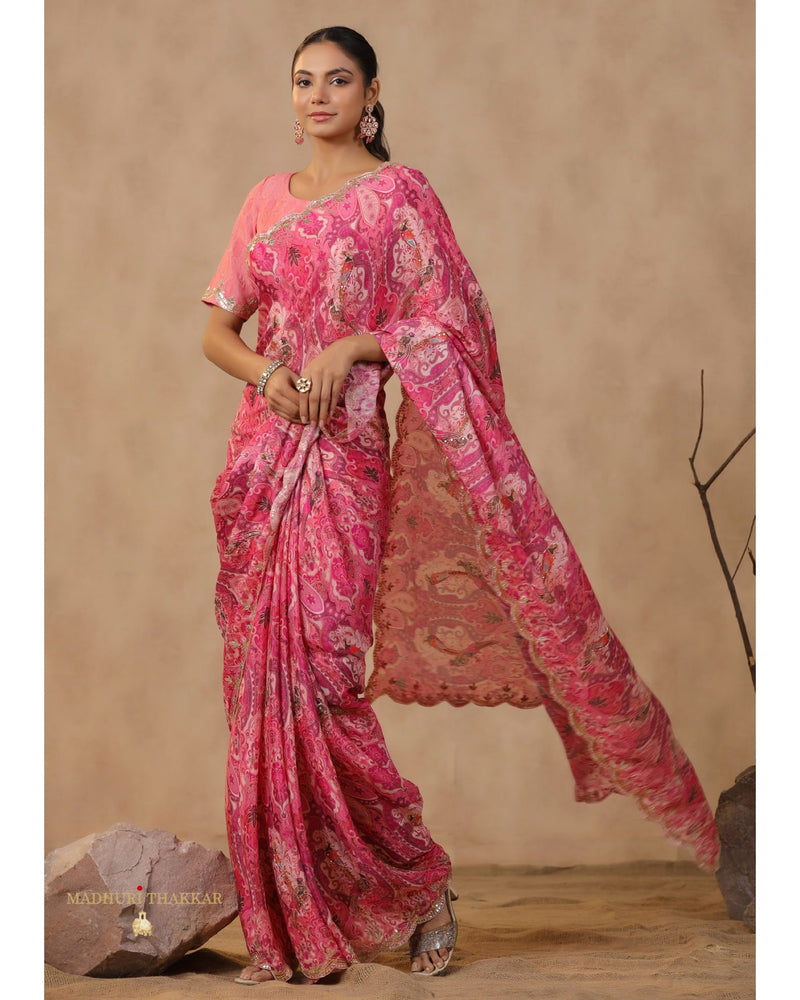 Pink Floral Chinnon Saree With Scallop Mirror Work