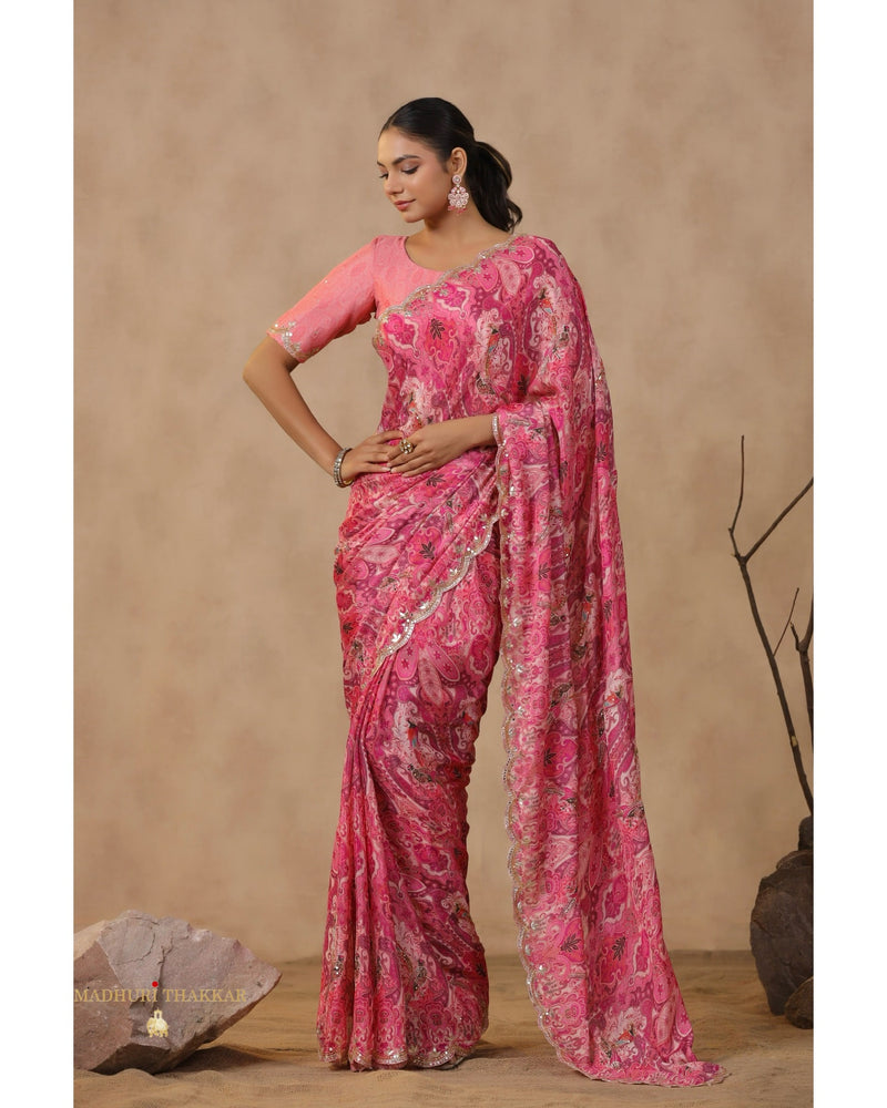 Pink Floral Chinnon Saree With Scallop Mirror Work