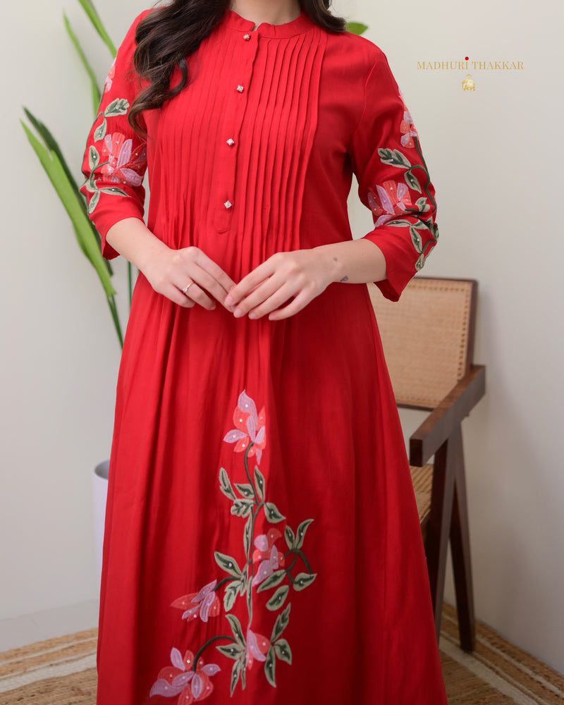 Red A Line Threadwork Roman Silk Kurta Set