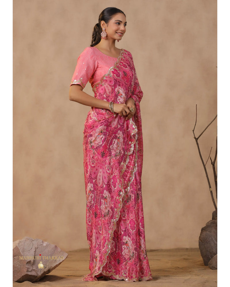 Pink Floral Chinnon Saree With Scallop Mirror Work