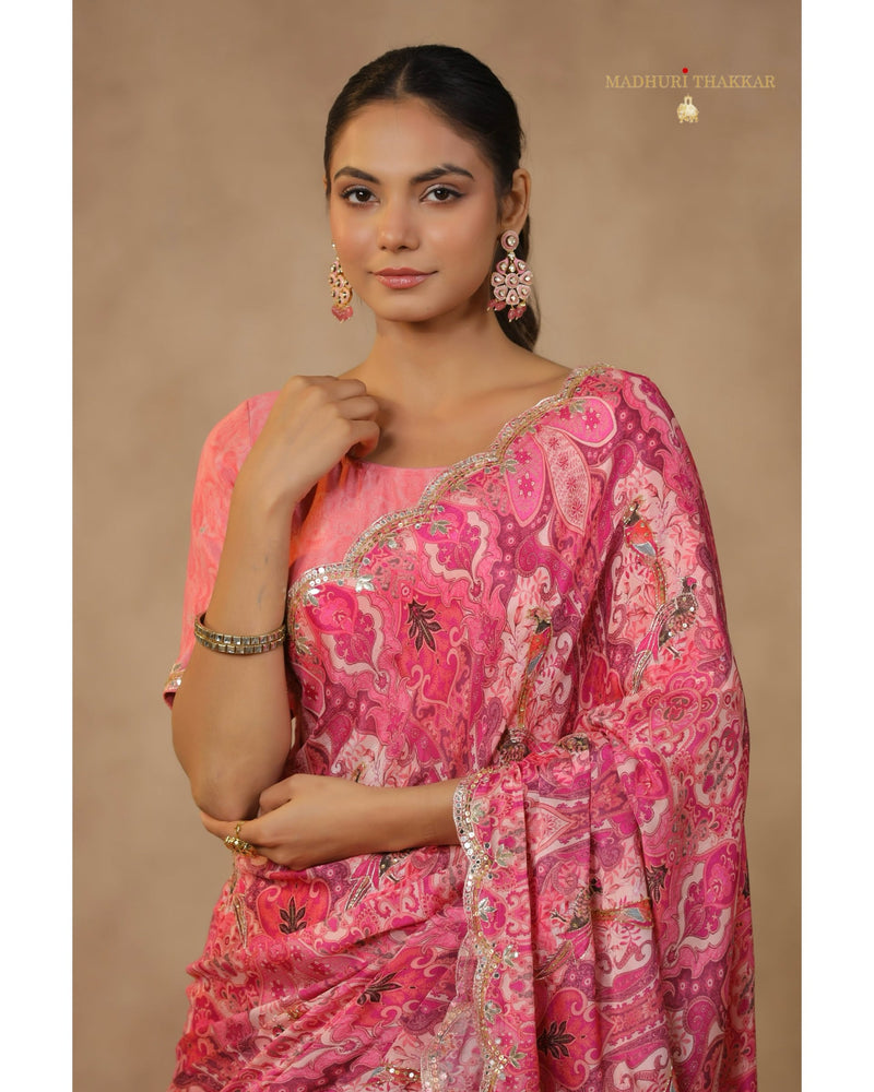 Pink Floral Chinnon Saree With Scallop Mirror Work