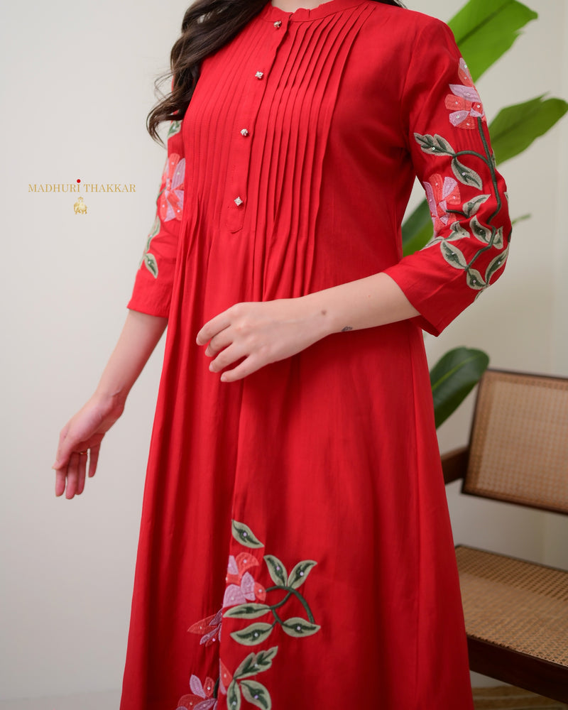 Red A Line Threadwork Roman Silk Kurta Set