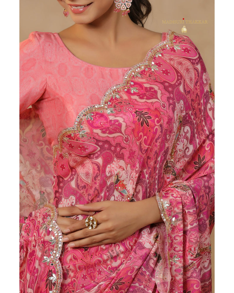 Pink Floral Chinnon Saree With Scallop Mirror Work