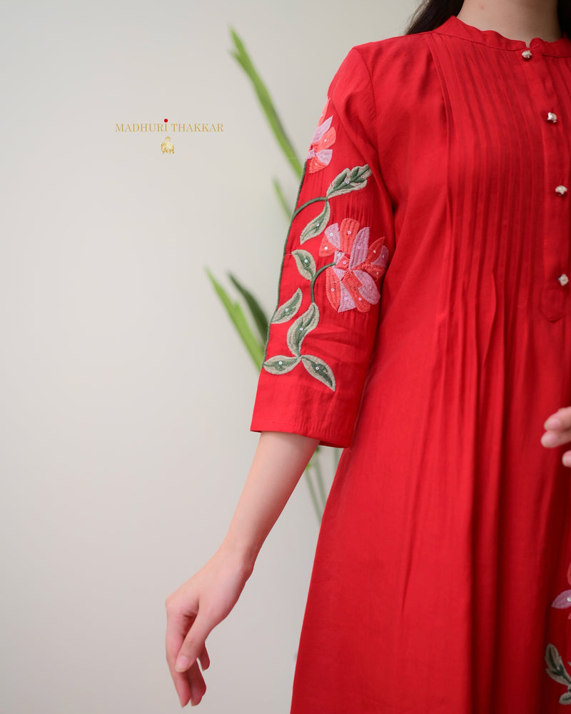 Red A Line Threadwork Roman Silk Kurta Set