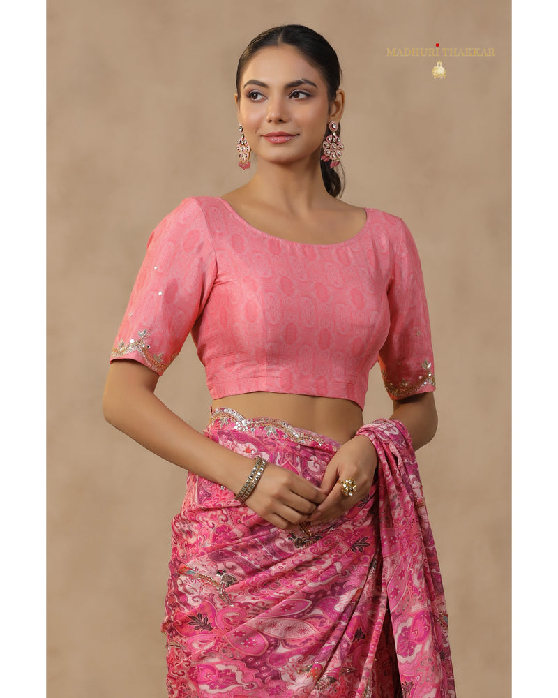 Pink Floral Chinnon Saree With Scallop Mirror Work