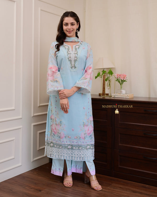 Powder Blue Threadwork Mul Cotton Pakistani Suit