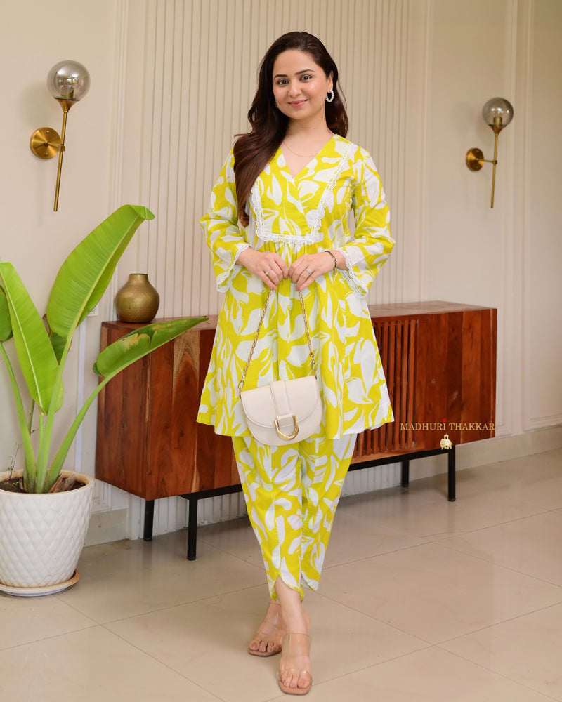 Greenish Yellow Floral Tulip Premium Cotton Co-ord