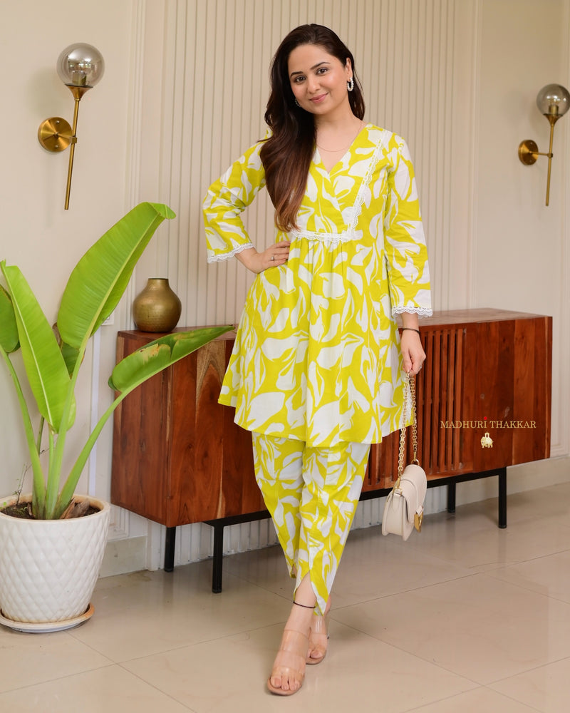 Greenish Yellow Floral Tulip Premium Cotton Co-ord