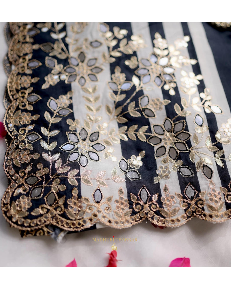 Black Striped Muslin Saree With Scallop Mirror Work