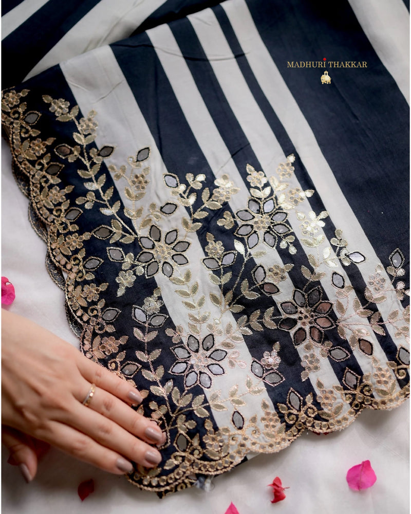 Black Striped Muslin Saree With Scallop Mirror Work