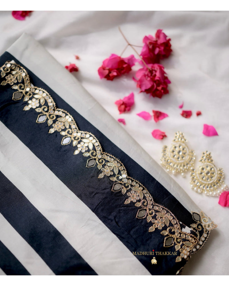 Black Striped Muslin Saree With Scallop Mirror Work