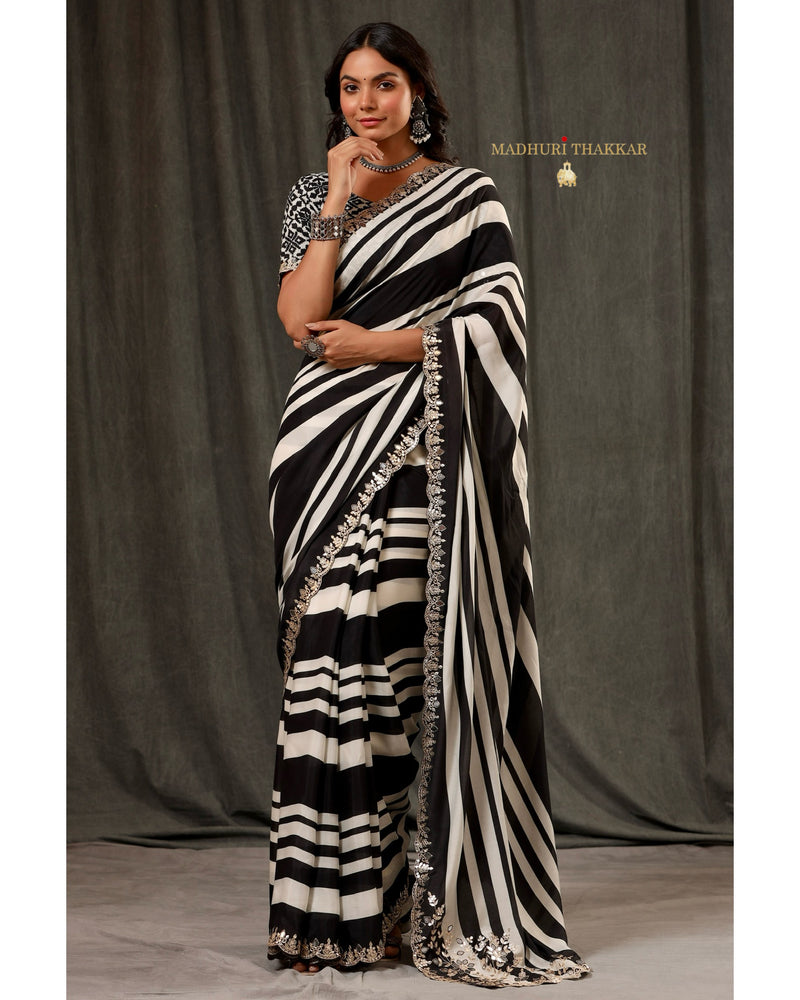 Black Striped Muslin Saree With Scallop Mirror Work