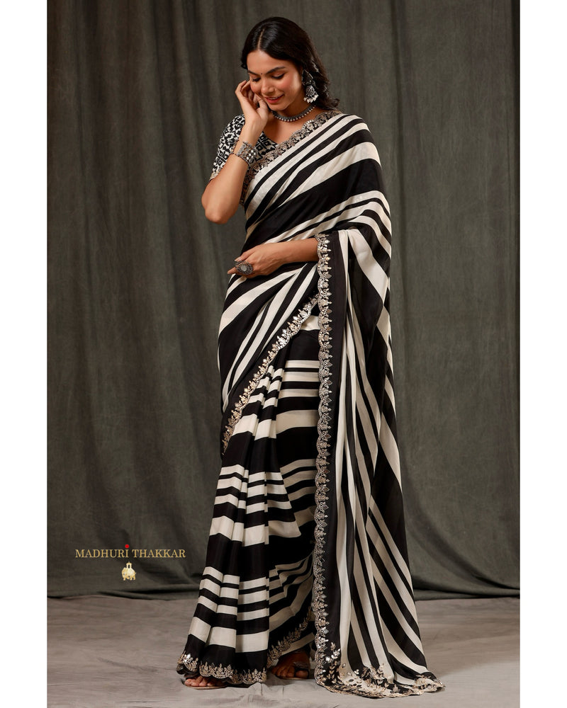 Black Striped Muslin Saree With Scallop Mirror Work