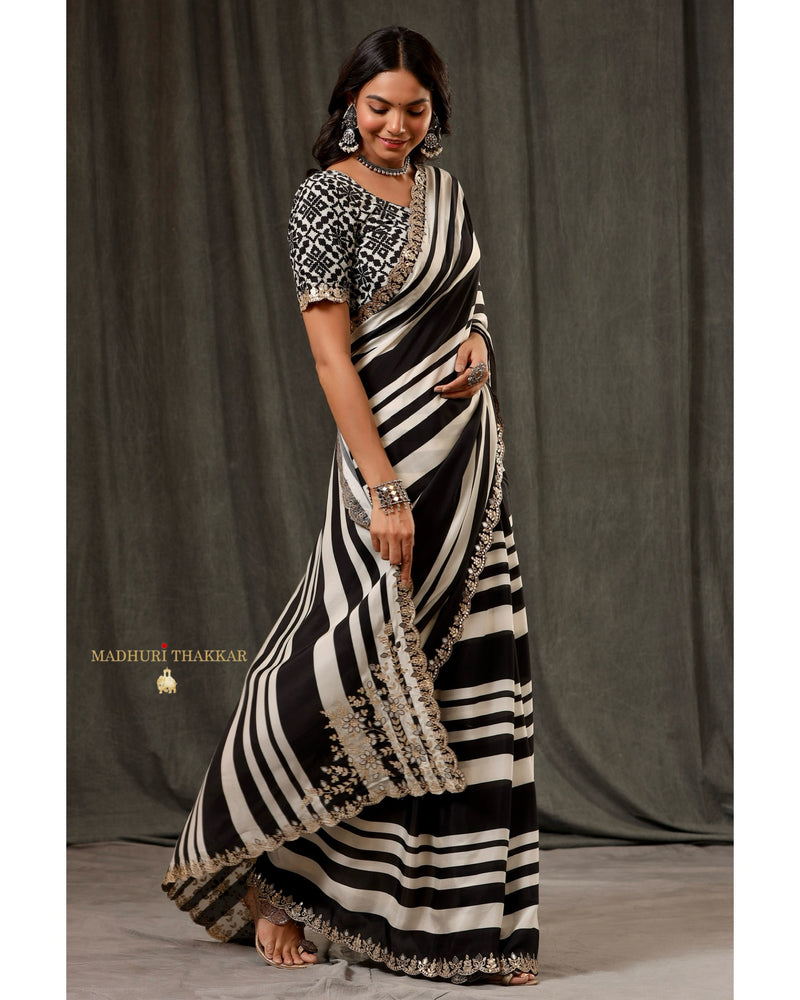 Black Striped Muslin Saree With Scallop Mirror Work