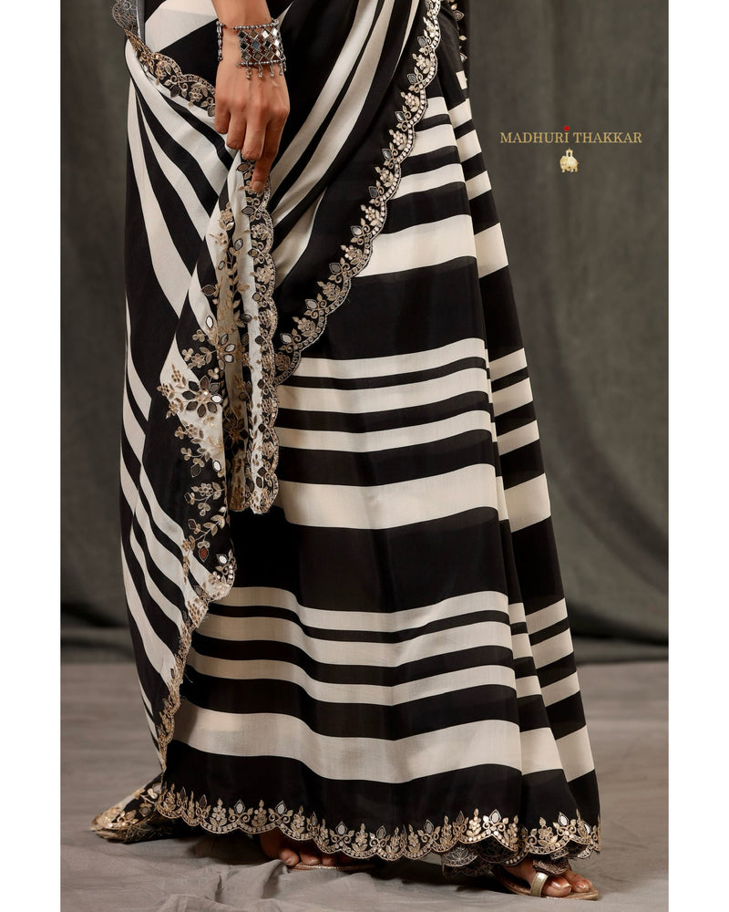 Black Striped Muslin Saree With Scallop Mirror Work