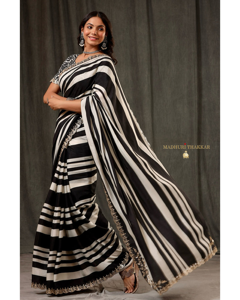 Black Striped Muslin Saree With Scallop Mirror Work