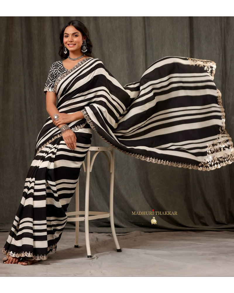 Black Striped Muslin Saree With Scallop Mirror Work