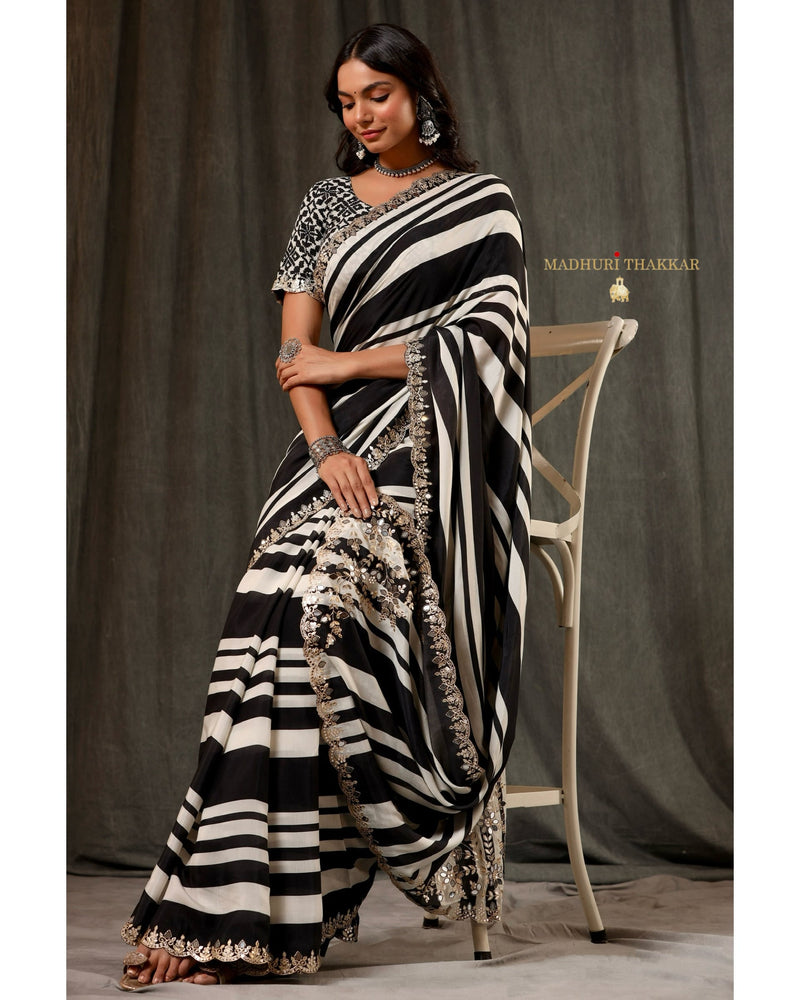 Black Striped Muslin Saree With Scallop Mirror Work