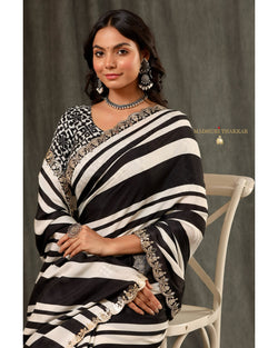 Black Striped Muslin Saree With Scallop Mirror Work