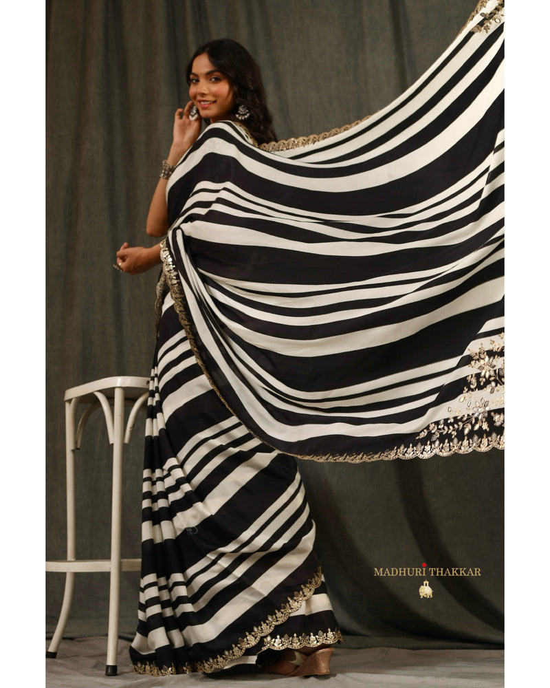 Black Striped Muslin Saree With Scallop Mirror Work