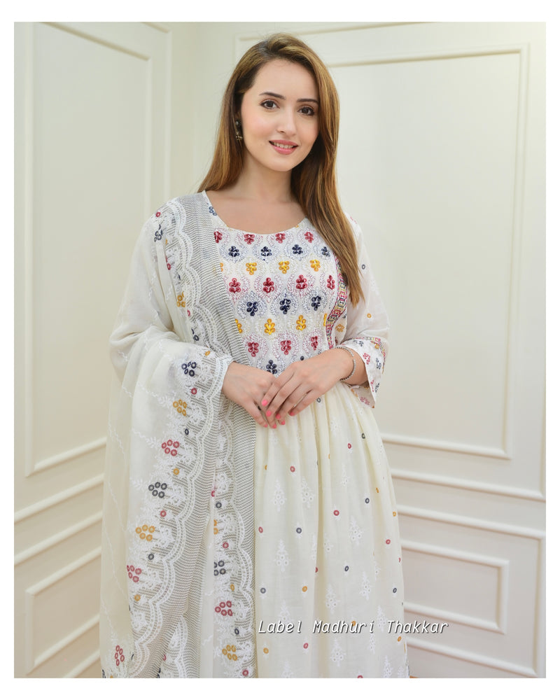 White Embroidered Cotton A Line Suit