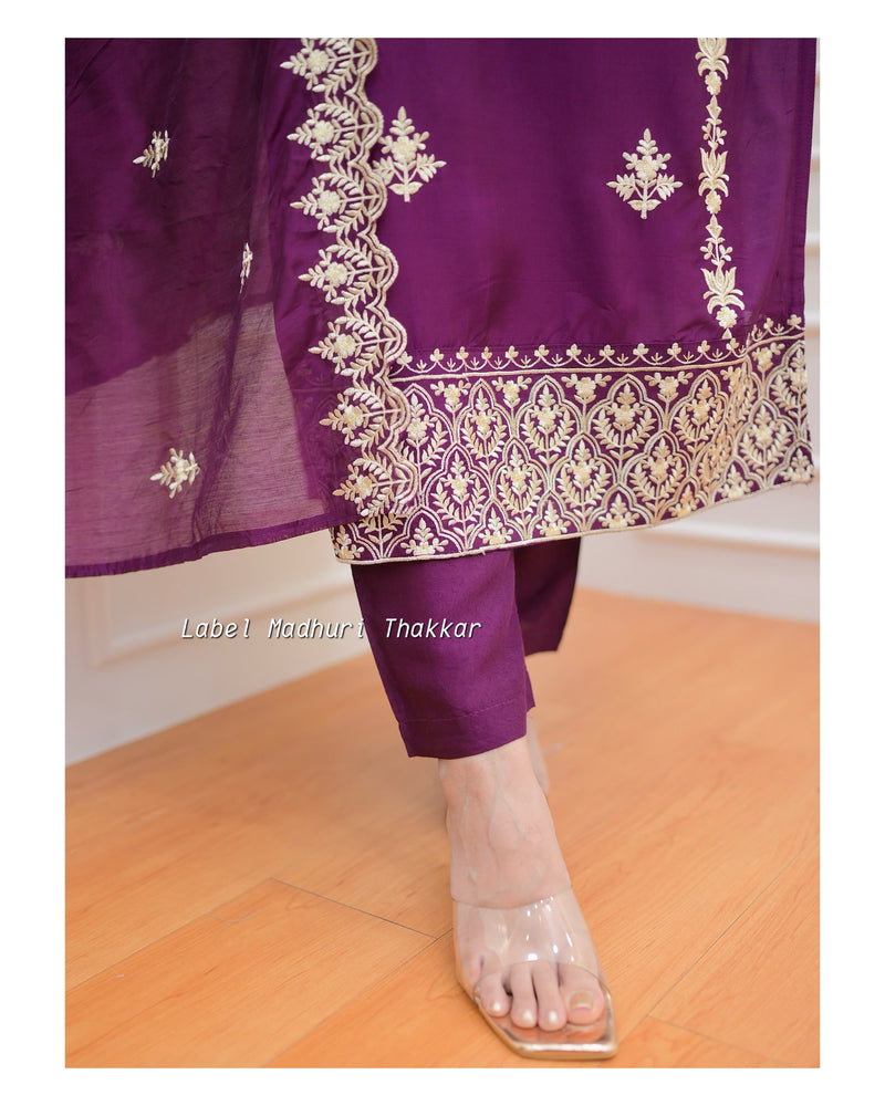 Magenta Thread Embroidered Muslin Suit