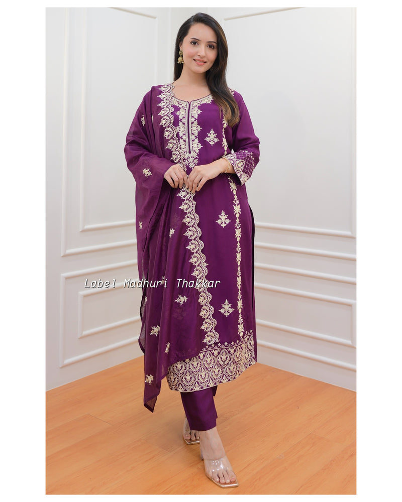 Magenta Thread Embroidered Muslin Suit