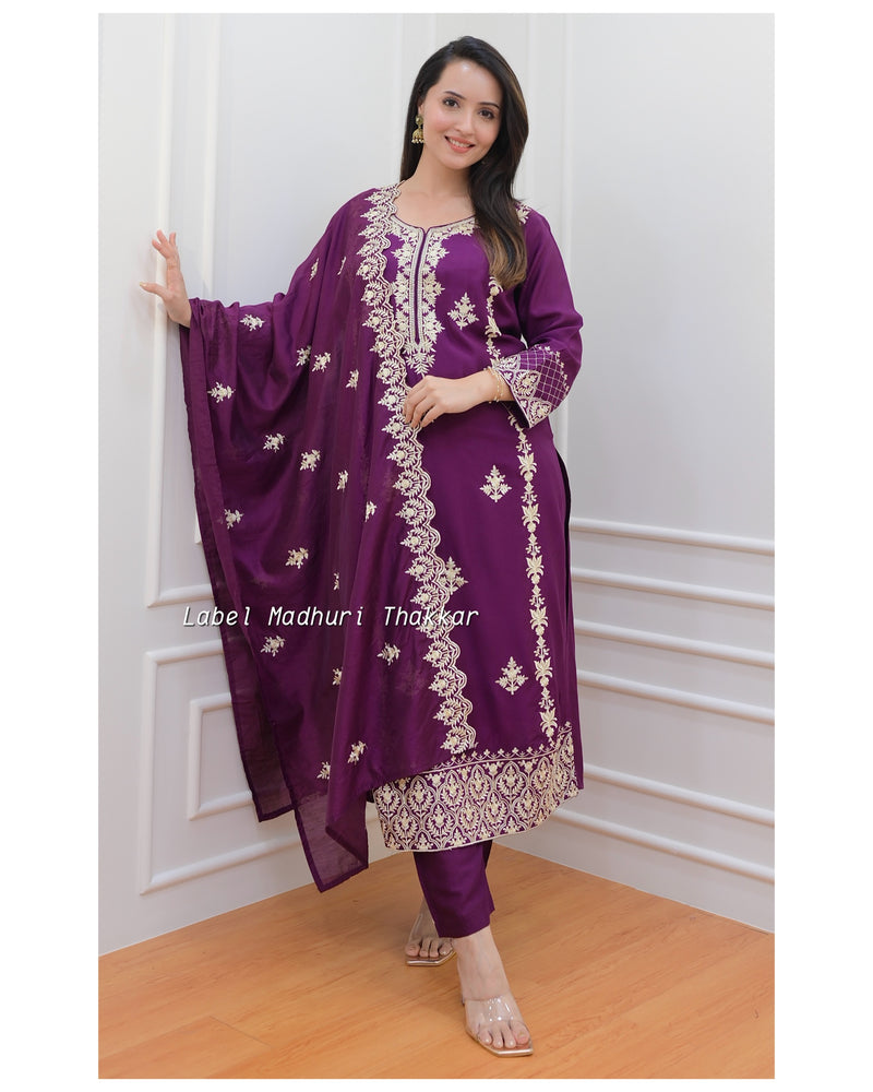 Magenta Thread Embroidered Muslin Suit