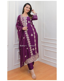 Magenta Thread Embroidered Muslin Suit