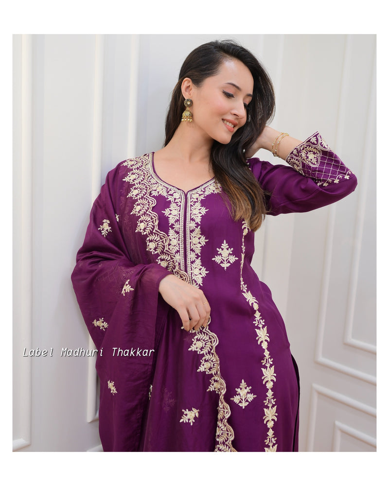 Magenta Thread Embroidered Muslin Suit