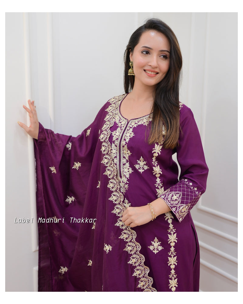 Magenta Thread Embroidered Muslin Suit