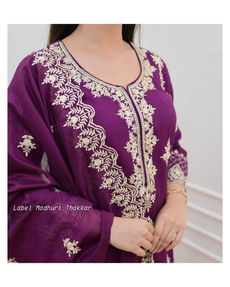 Magenta Thread Embroidered Muslin Suit