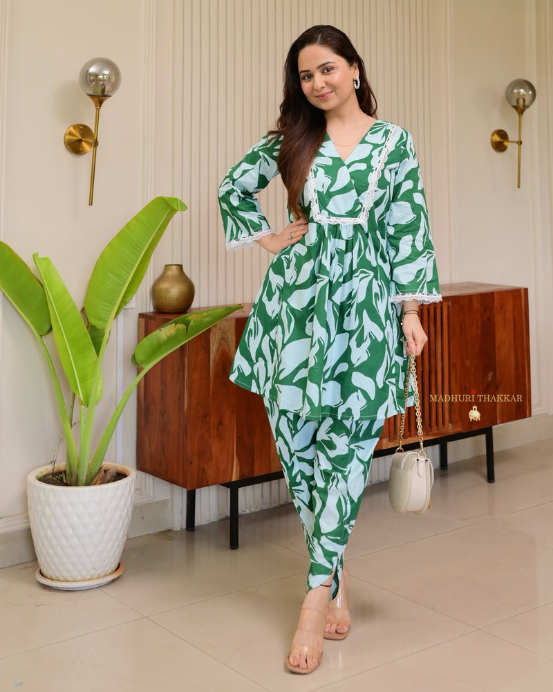 Bottle Green Floral Tulip Premium Cotton Co-ord