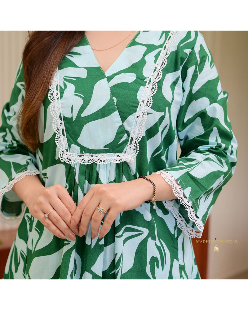 Bottle Green Floral Tulip Premium Cotton Co-ord