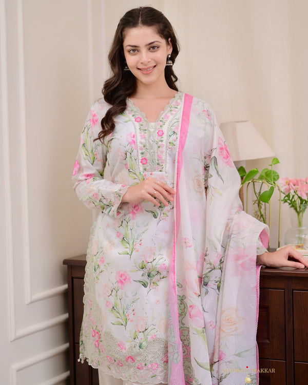 Ivory Pink Floral Cotton Pakistani Suit