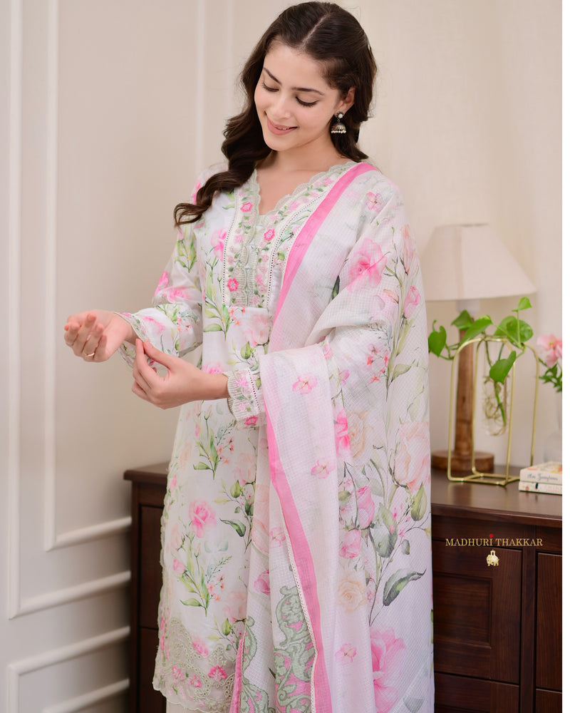 Ivory Pink Floral Cotton Pakistani Suit