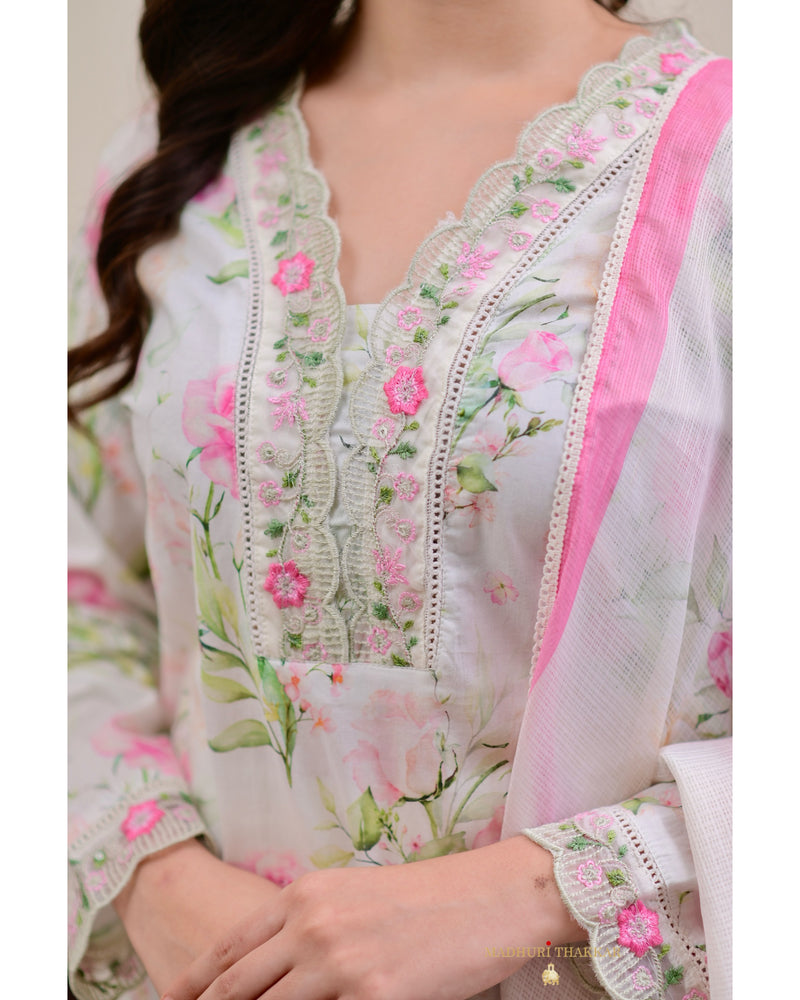 Ivory Pink Floral Cotton Pakistani Suit