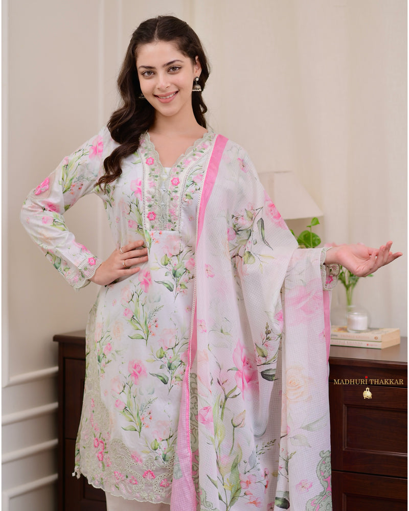 Ivory Pink Floral Cotton Pakistani Suit