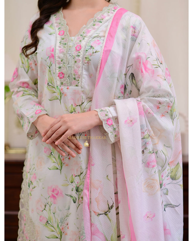 Ivory Pink Floral Cotton Pakistani Suit