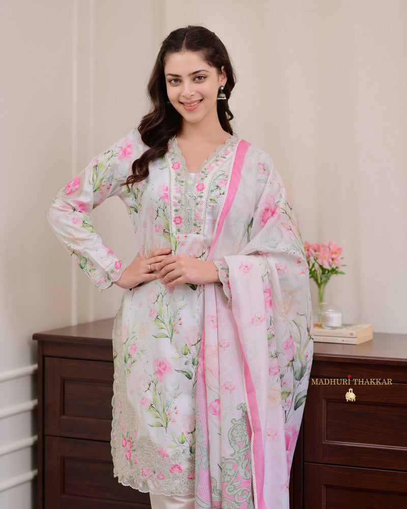 Ivory Pink Floral Cotton Pakistani Suit