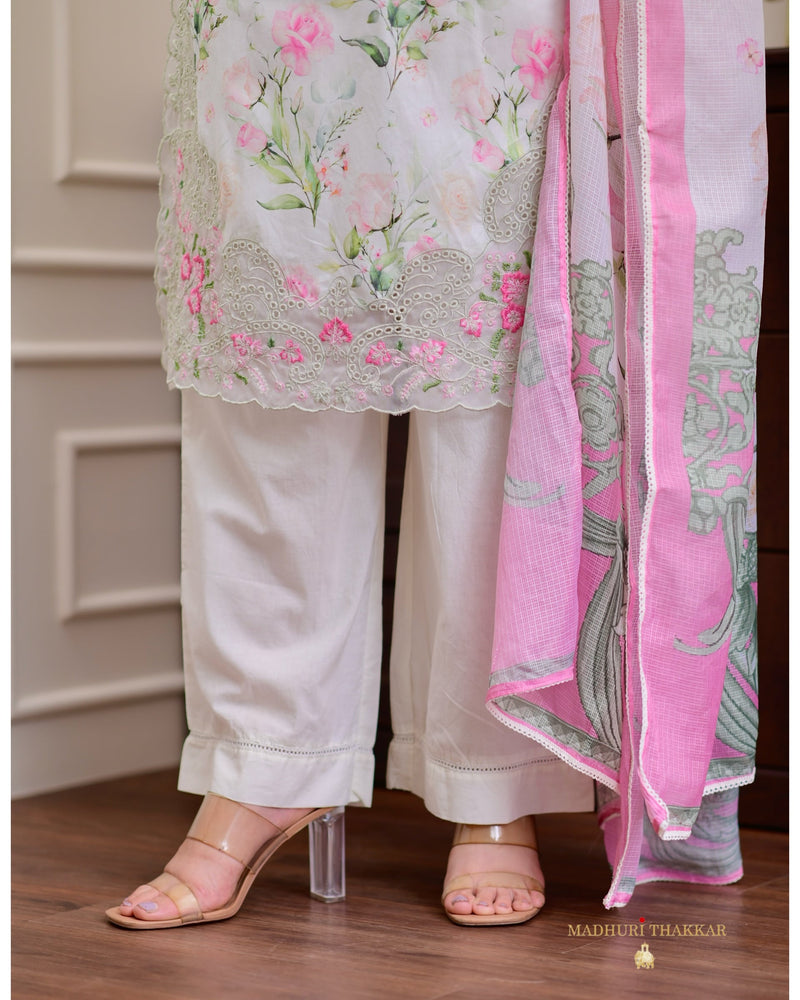 Ivory Pink Floral Cotton Pakistani Suit