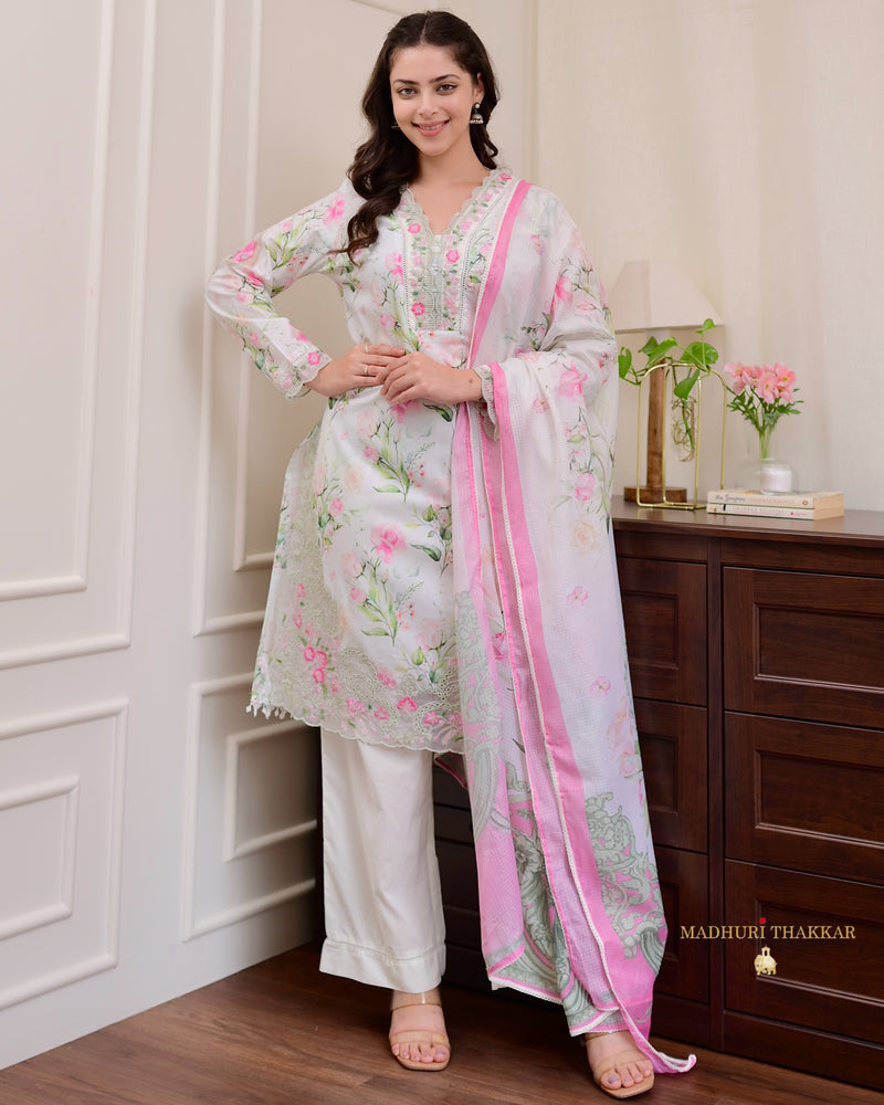 Ivory Pink Floral Cotton Pakistani Suit