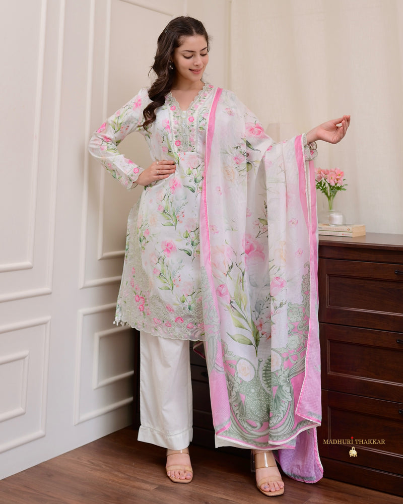 Ivory Pink Floral Cotton Pakistani Suit