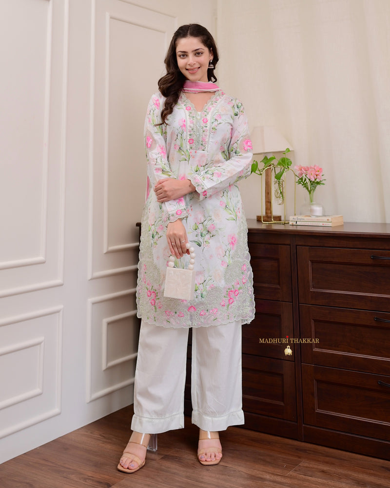 Ivory Pink Floral Cotton Pakistani Suit