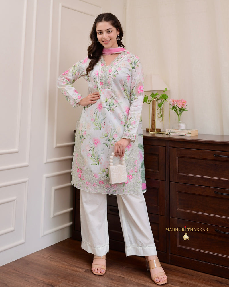 Ivory Pink Floral Cotton Pakistani Suit