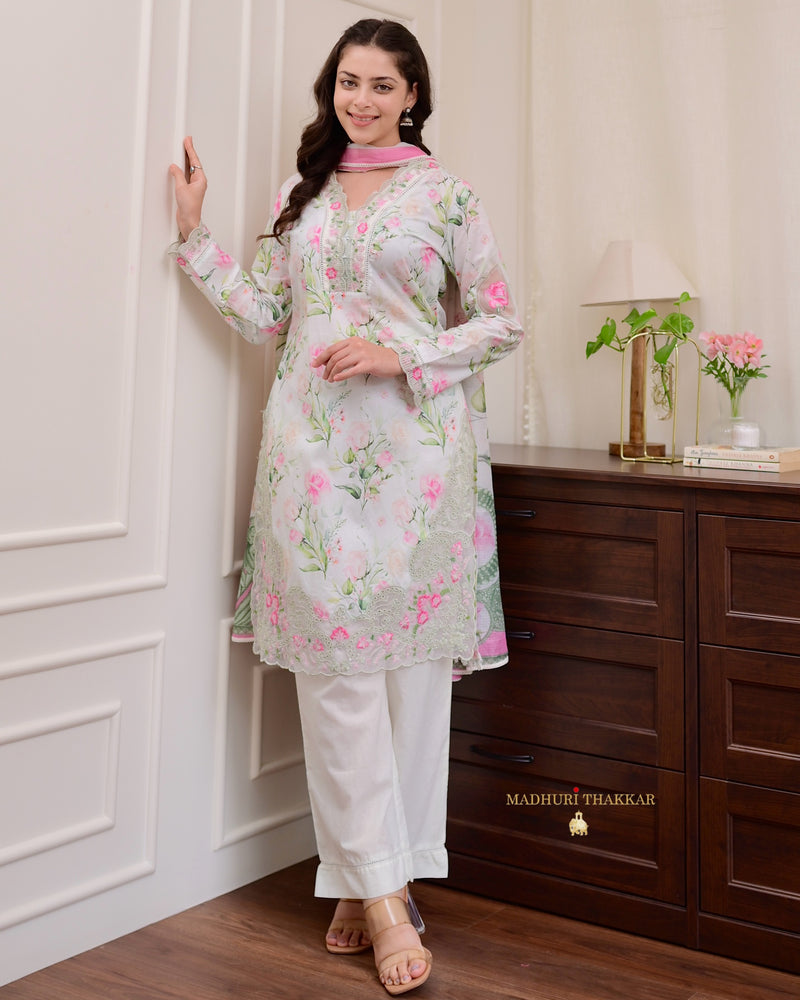 Ivory Pink Floral Cotton Pakistani Suit