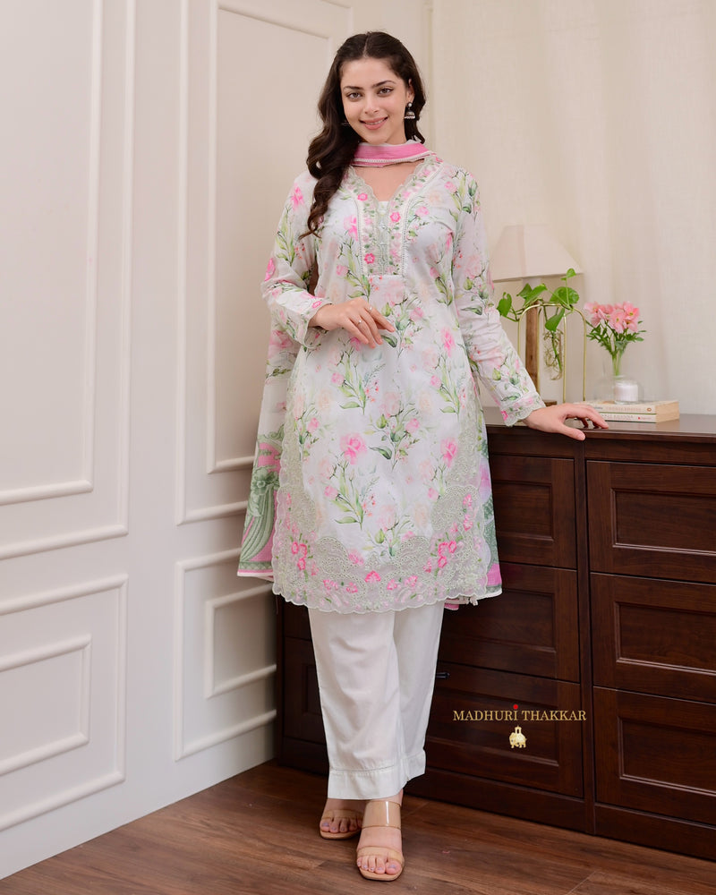 Ivory Pink Floral Cotton Pakistani Suit