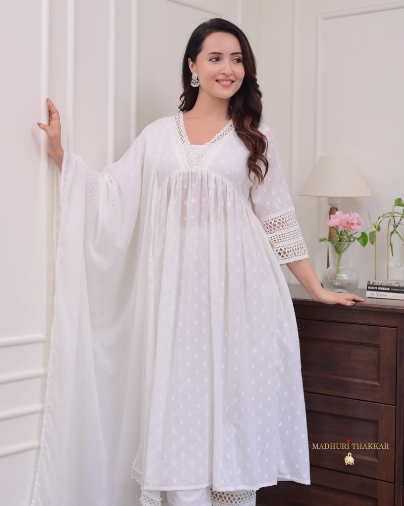 White A Line Mul Cotton Lace Pakistani Suit